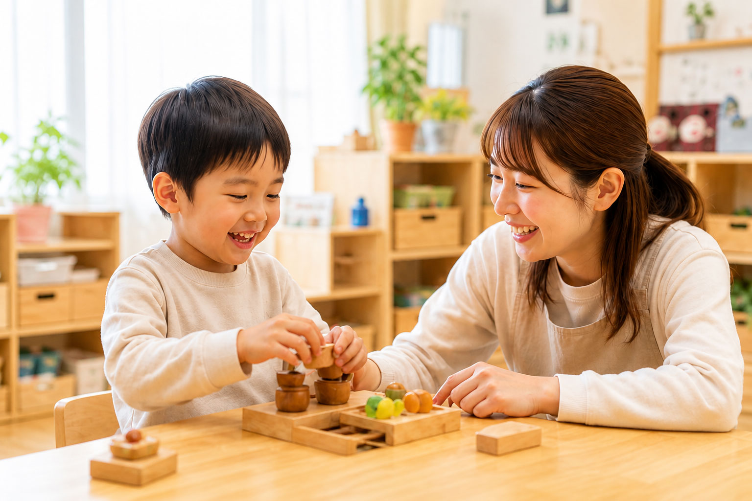 木のおもちゃで遊ぶ子どもとスタッフ